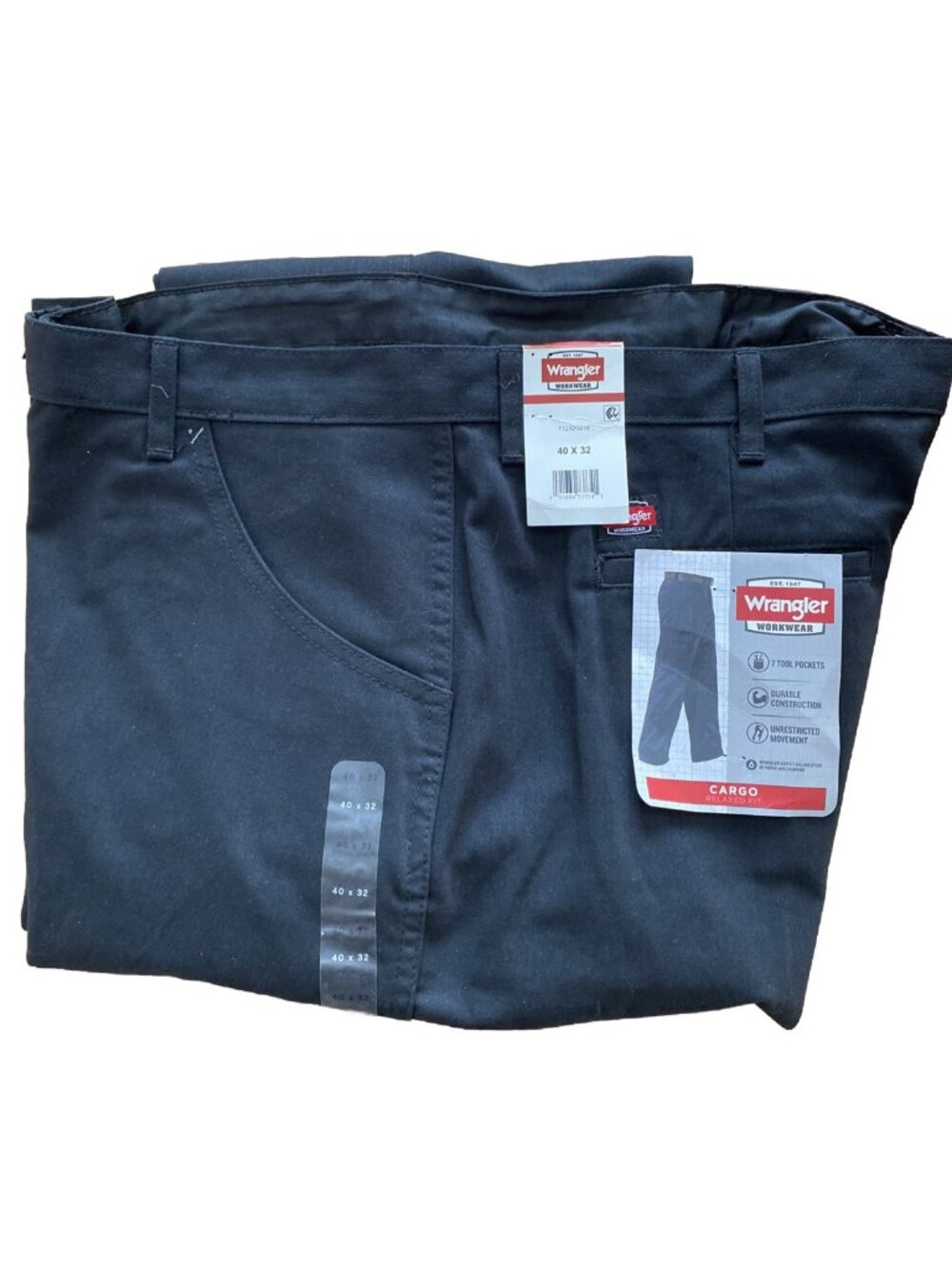 Men's Wrangler Workwear Cargo Pants Relaxed Fit 7 Tool Pockets BLACK 40” X 32"